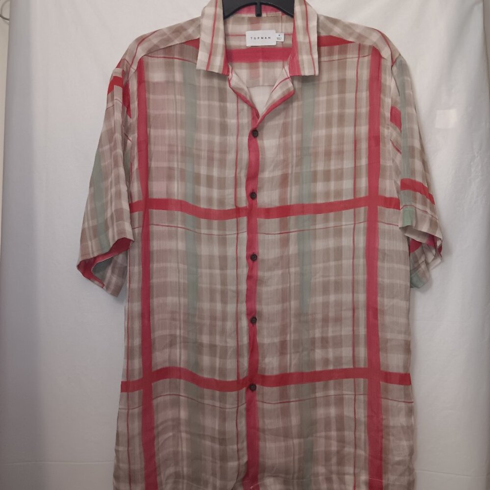 TOPMAN  SHEER PLAID STRIPED  BUTTON  UP  SHIRT